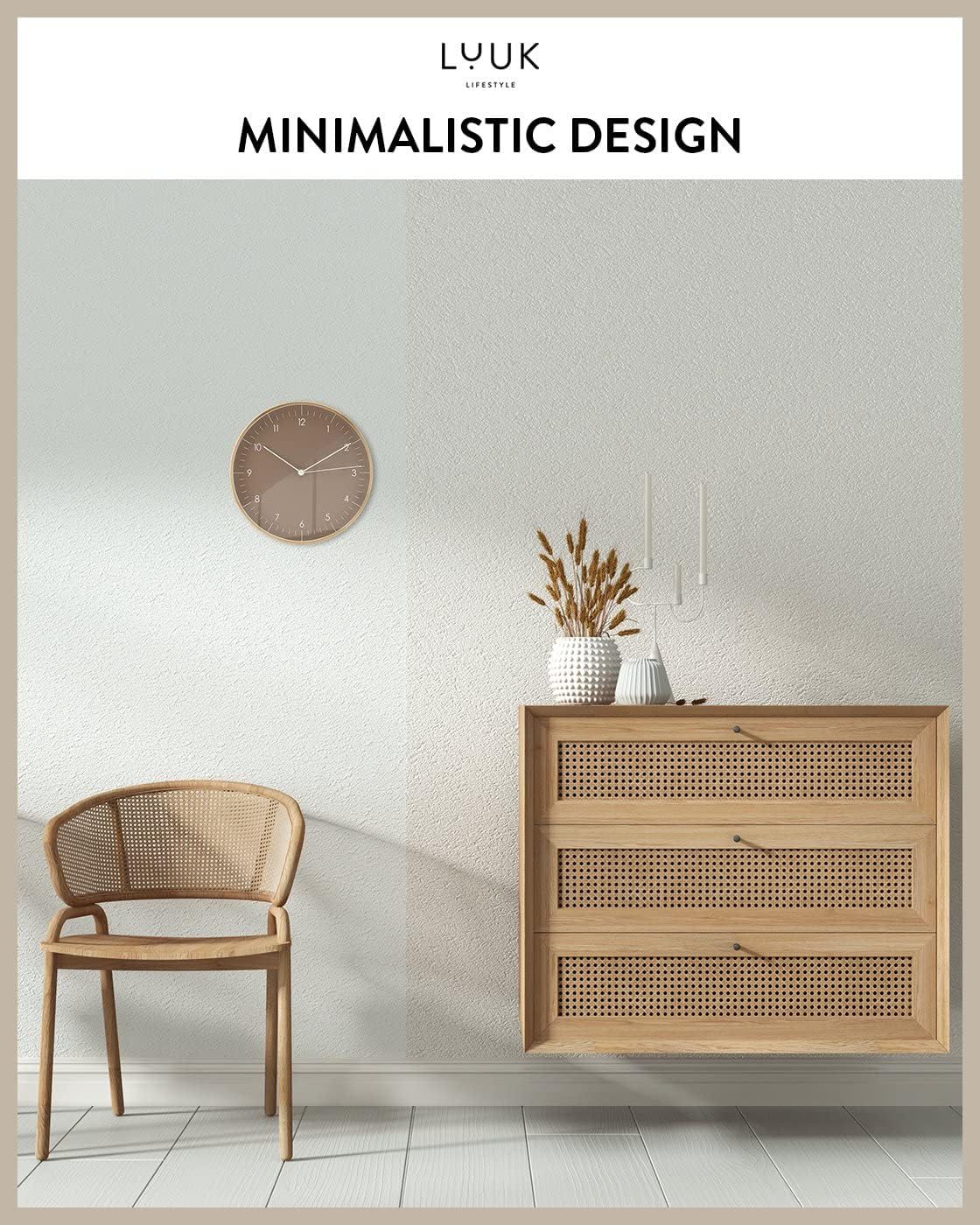 LUUK LIFESTYLE 10” Wall Clock with Silent Movement, Minimalist Scandinavian Design, Kitchen Clock, Decoration for Living Room, Bedroom, Hallway, Housewarming Present, in Brown and Gold