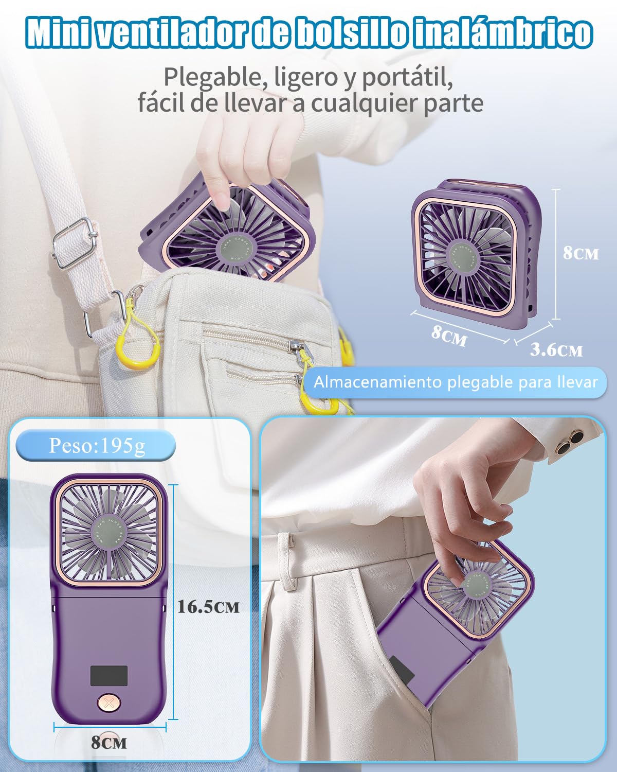 DDKJ Ventilador de Mano Recargable,Plegable 180° Ajustable,3 Velocidades,7 Horas,Pantalla Digital,Mini Ventilador Portatil para Viajes/Oficina/Actividades al Aire Libre-Morado