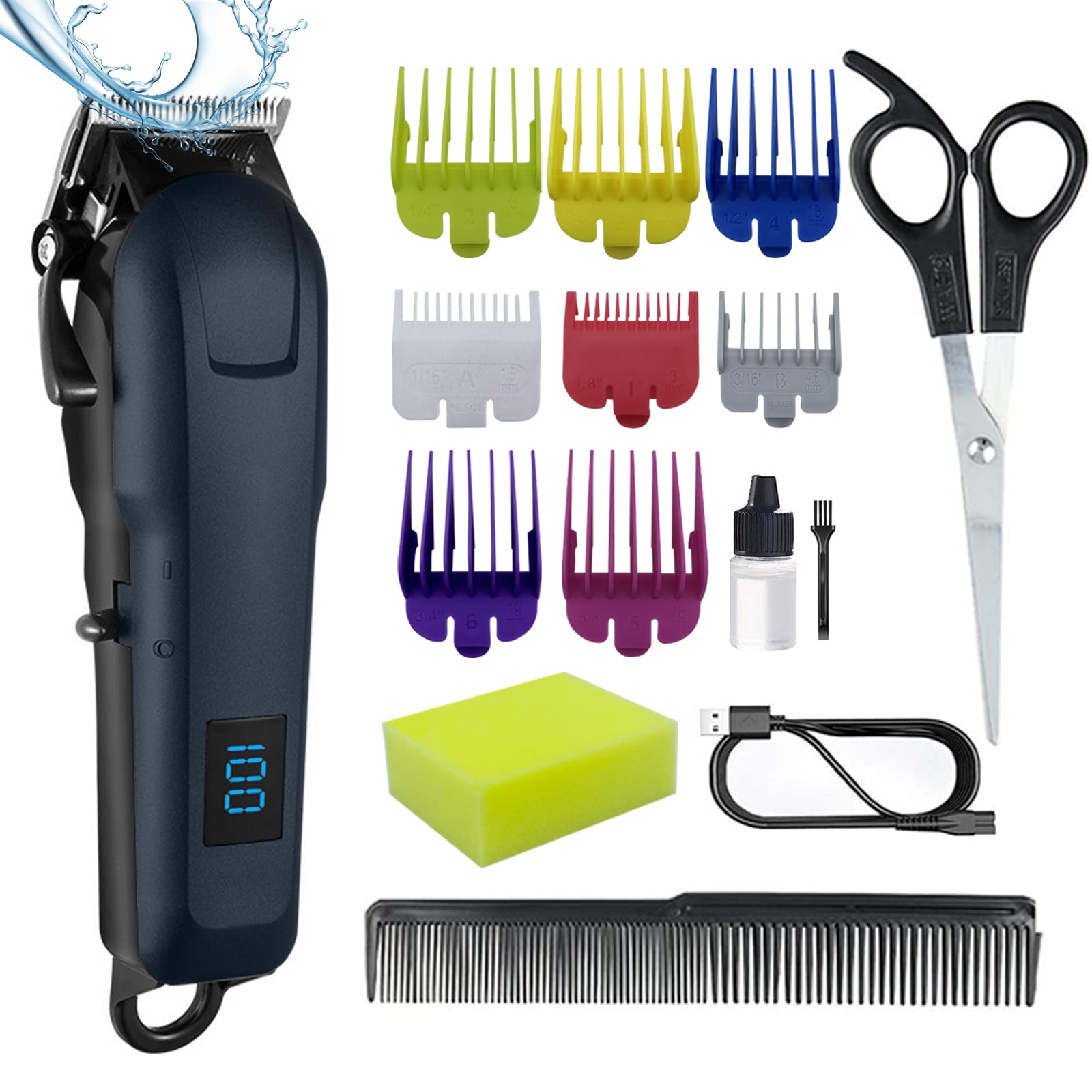 Professional Hair Clippers for Men, Cordless Hair Clippers with LCD Display, IPX7 Waterproof, Colorful Combs, Hair Trimmer for Men Kid Barber