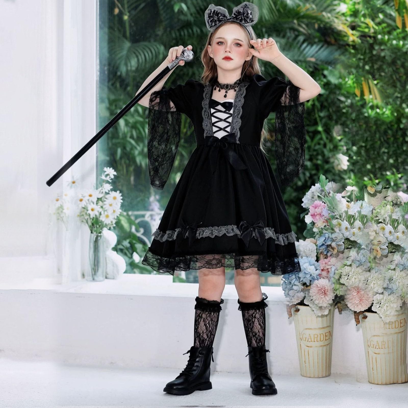 Genérico Disfraz De Bruja Infantil Para Halloween,Vestido De Bruja De Encaje Para NiñAs: Elegante Atuendo De Cosplay Para Fiestas De Halloween