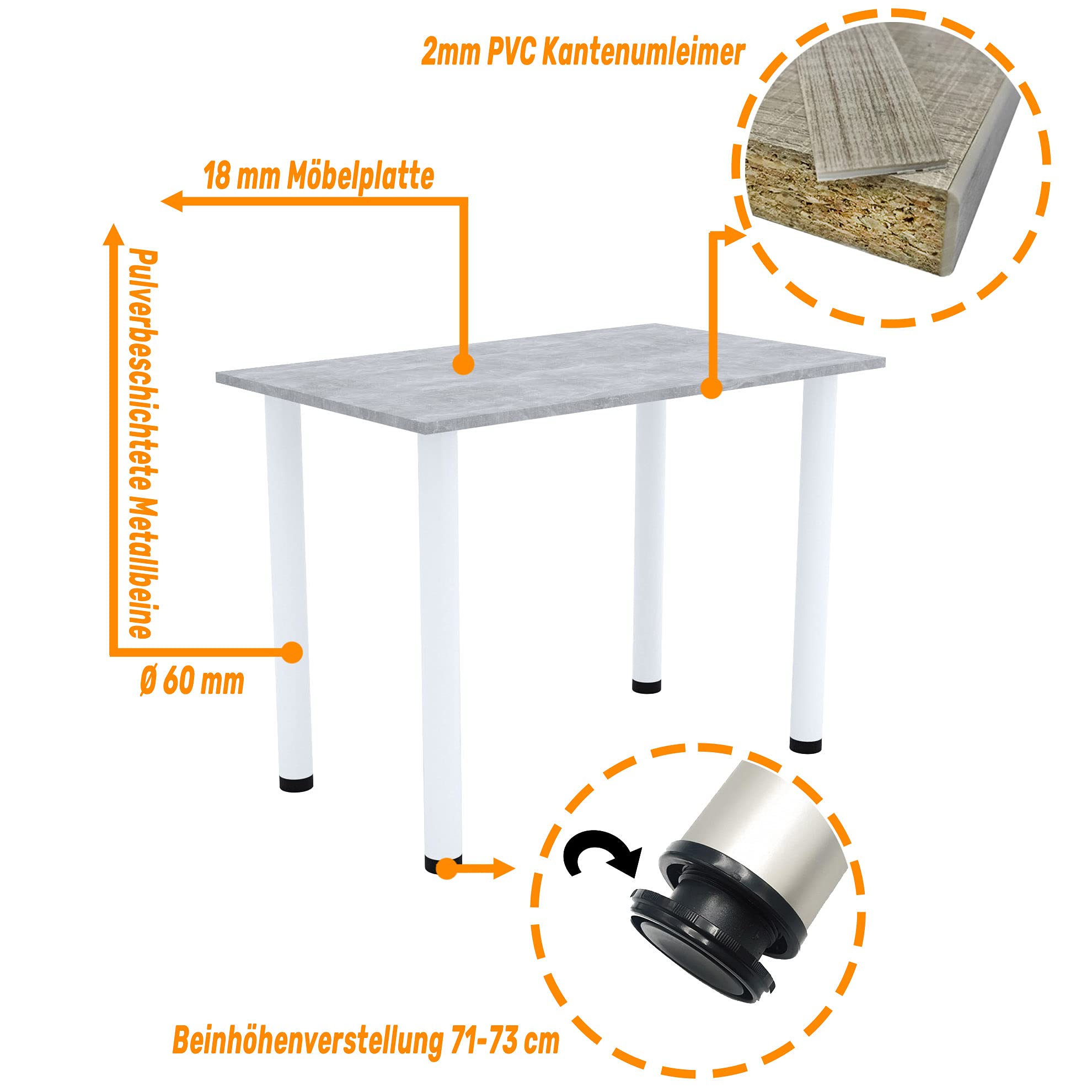 AKKE 60x40 | Esszimmertisch - Esstisch - Tisch mit weißen Beinen - Küchentisch - Bürotisch | Beton