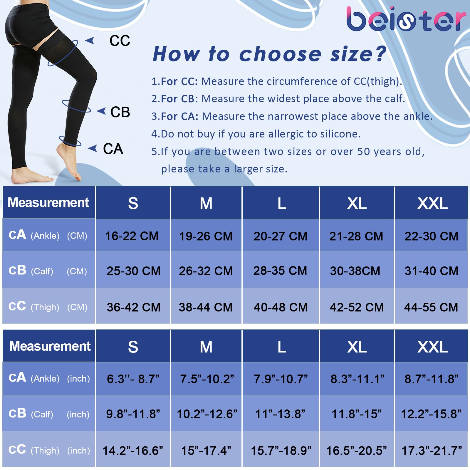 beister Chaussettes de compression médicales 15-20 mmHg pour homme et femme - Chaussettes de compression sans pied avec bande en silicone - Bas de contention longue classe 1 pour varices, DVT, vol,