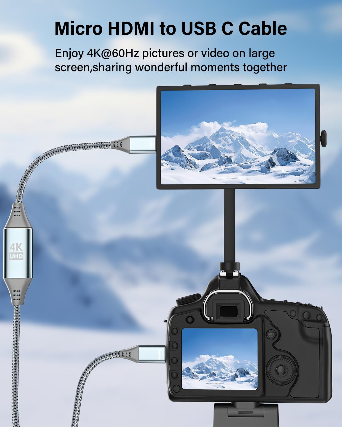 RUIZHI 4K Micro-HDMI-auf-USB-C-Kabel, 3 m, 4 K, 60 Hz und 18 Gbit/s, geflochtener Nylon-Adapter mit Aluminium-Anschlüssen für Micro-HDMI-Quelle auf USB-C-Display, MacBook/iPad Pro Mirroring (Office