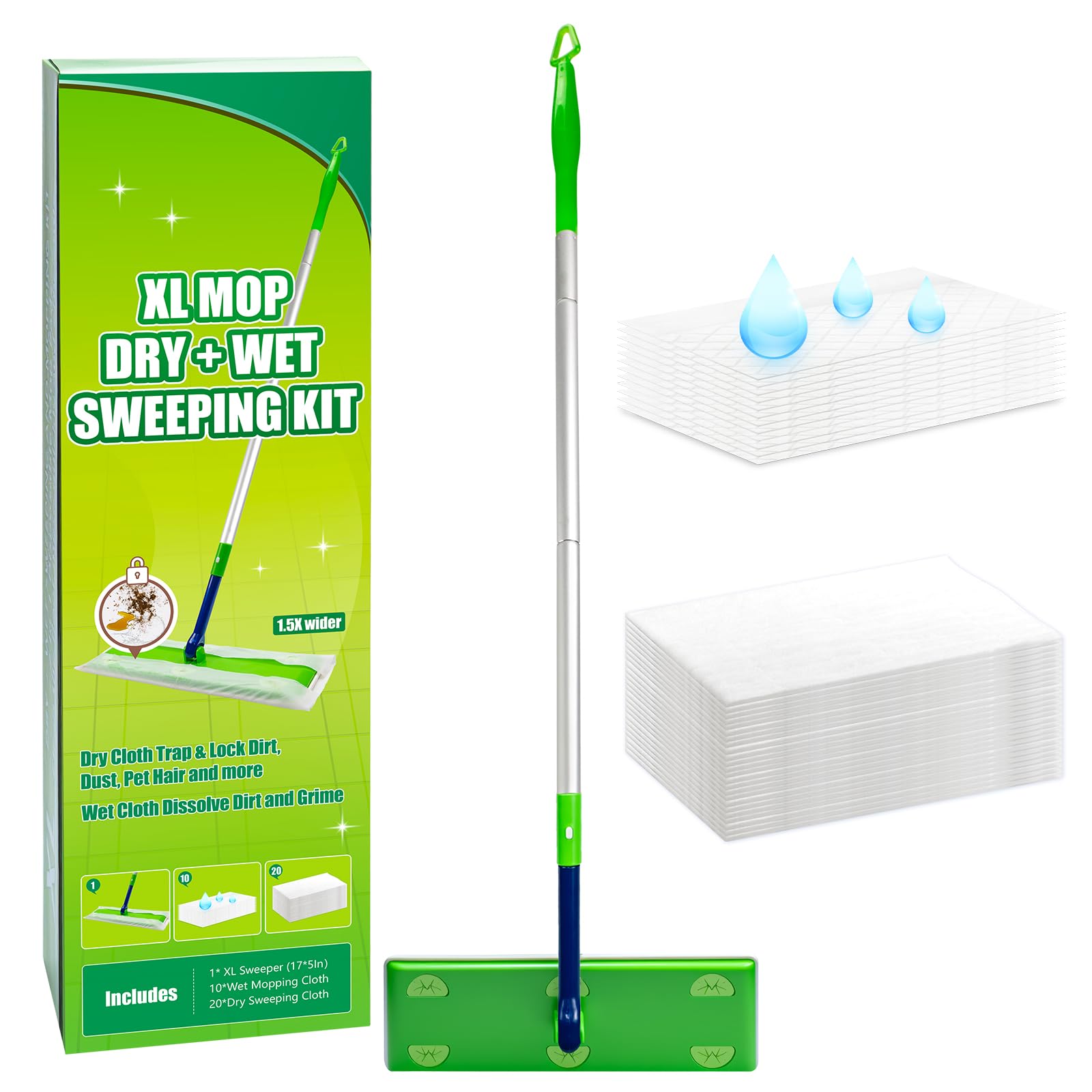 1.5X Wider XL Mop Set - 1 Long-Handle Mop, 10 Wet Pads & 20 Dry Pads, 360° Rotating Head, Fast Cleaning for Hardwood, Tile, Laminate Floors