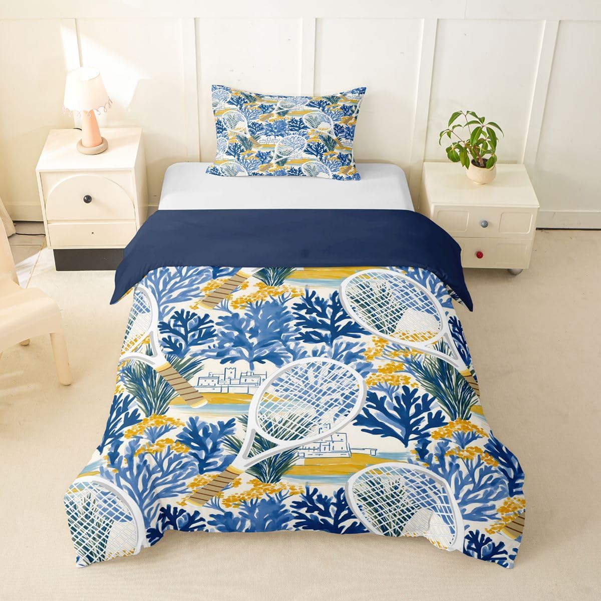 Fashion Tennis Duvet Cover Set Twin Size,Blue Leaf Seaside Bedding Sets 2Pcs for Kids Girls Boys Teens Room Decor,Coastal Village Scenery Comforter Cover Gaming Sports Quilt Cover,1 Pillowcase
