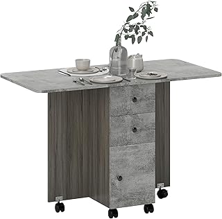 HOMCOM Table de Cuisine Pliable Table à Manger Pliante 2 Plateaux rabattables avec 2 tiroirs 1 Placard et 1 étagère de Rangement 120 x 60 x 76,5 cm - Gris