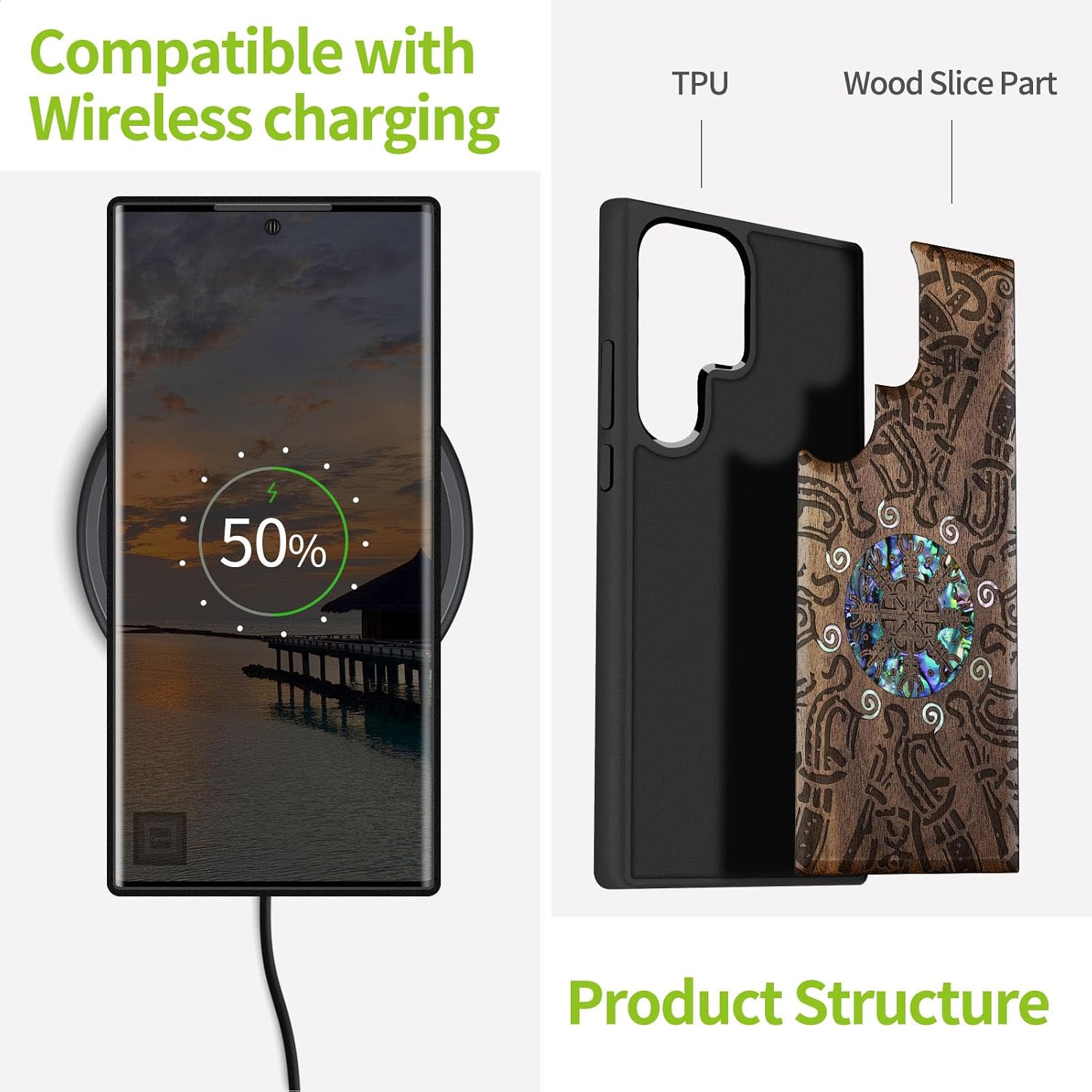 Carveit Designer Wooden Cover for Samsung Galaxy S22 Ultra Case [Wood Engraving & Shell Inlay] Compatible with Wireless Chargers S22 Ultra (Shield of The Ancients-Walnut)