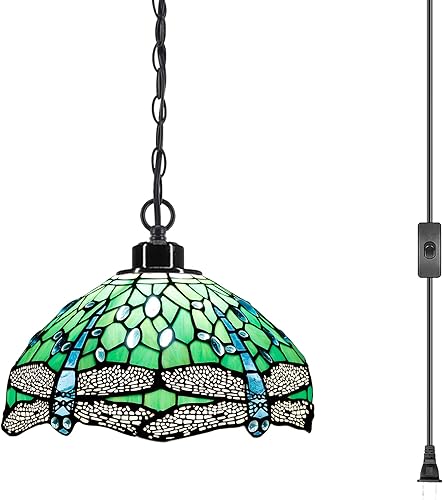 Miniatura 10 de Tiffany - Lámpara colgante enchufable, con cable de 181 pulgadas y cadena colgante de 34 pulgadas y lámpara colgante de pantalla de vidrio de color