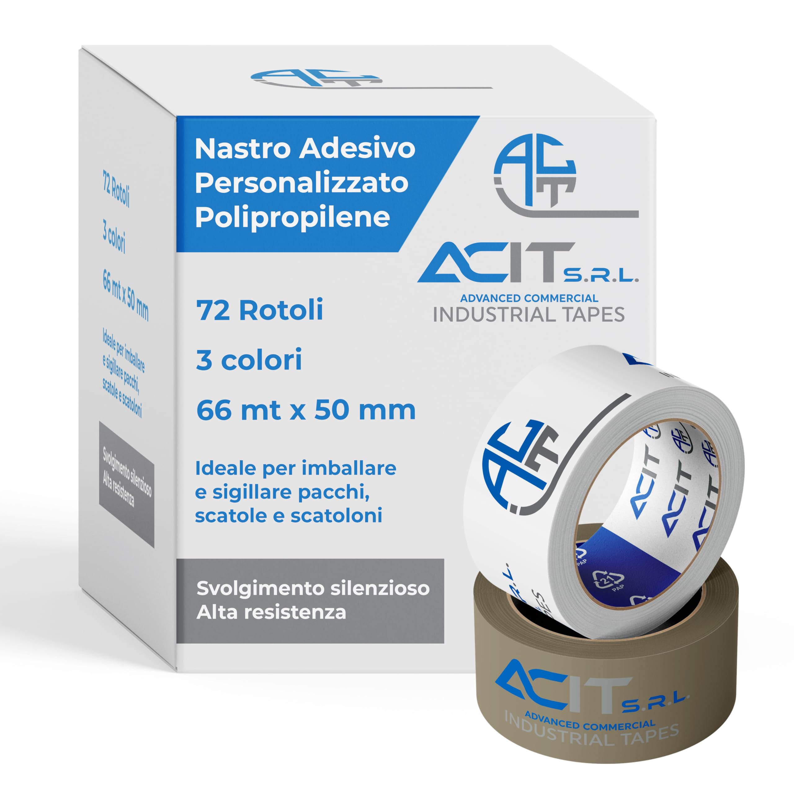 ACIT Nastro adesivo personalizzato, Nastro da imballaggio per pacchi e scatoloni per trasloco, nastro adesivo personalizzato con logo, 72 rotoli tre colori, 66 o 132mt (66mt)