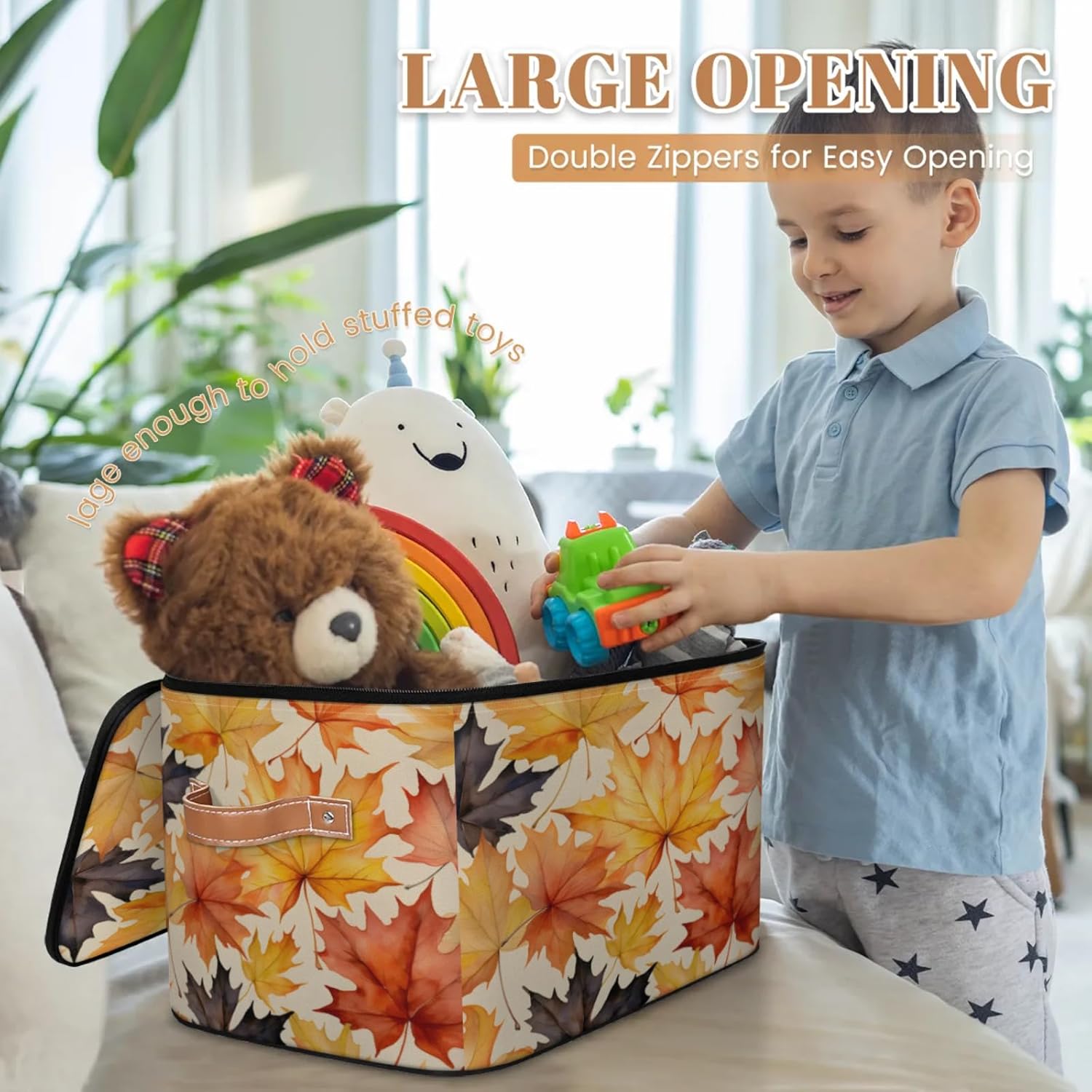 Storage Bin Set of 2 Maple Leaves Storage Basket with Zipper Lid & Handle Foldable Closet Shelf 2 Pack Cloth Organizer Basket Cube Bins Clothes Organizer for Nursery, Bedroom