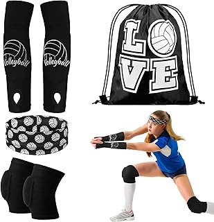 4 Pcs Volleyball Accessories Include Volleyball Knee Pads Volleyball Arm Sleeves Volleyball Drawstring Bag Volleyball Softball Headbands for Women Teens Girls Volleyball Training Dance (Black,Small)