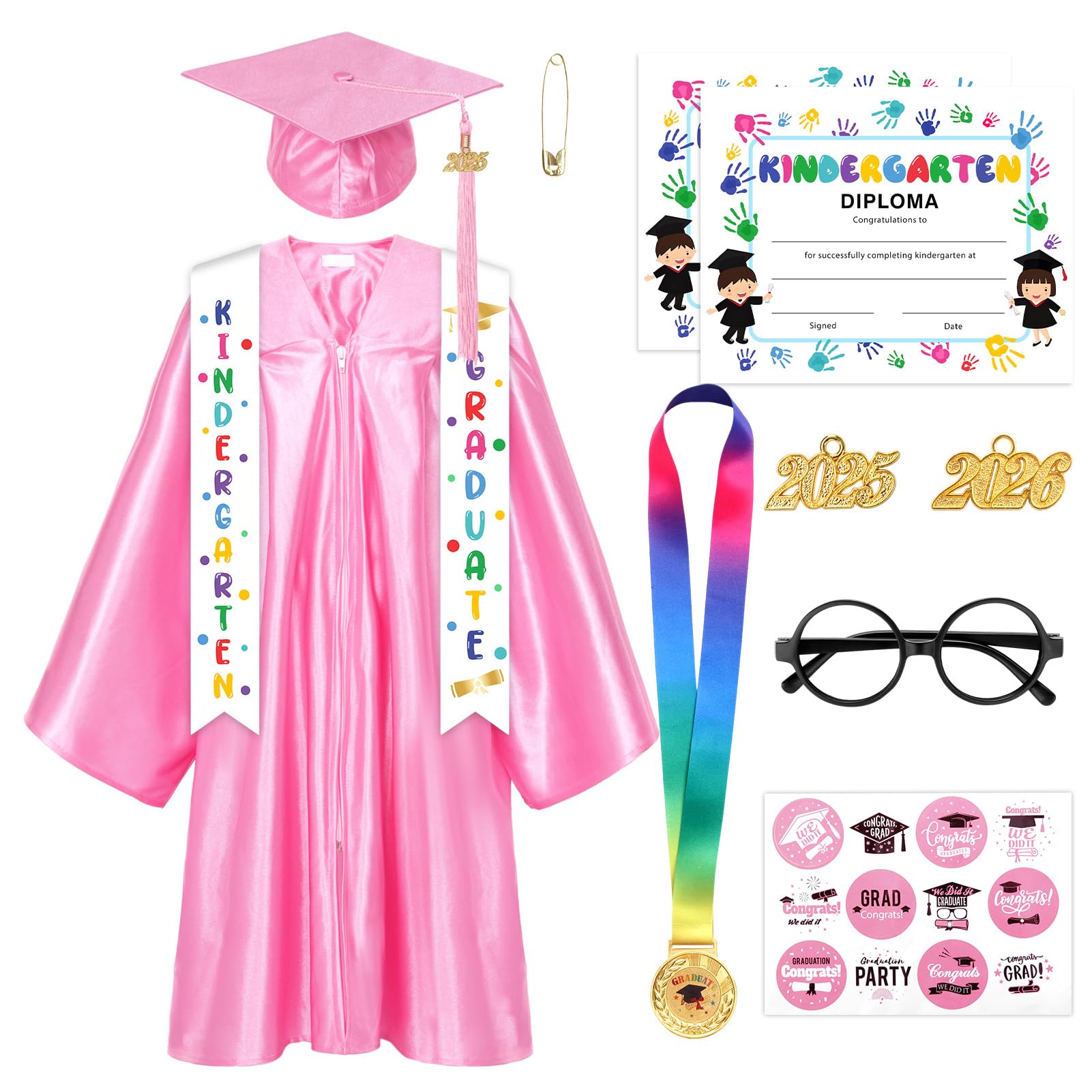 Suffolly Kindergarten Graduation Cap and Gown 2025 Kids Preschool Graduation Shiny Cap Gown Set with Tassel Stole Certificate