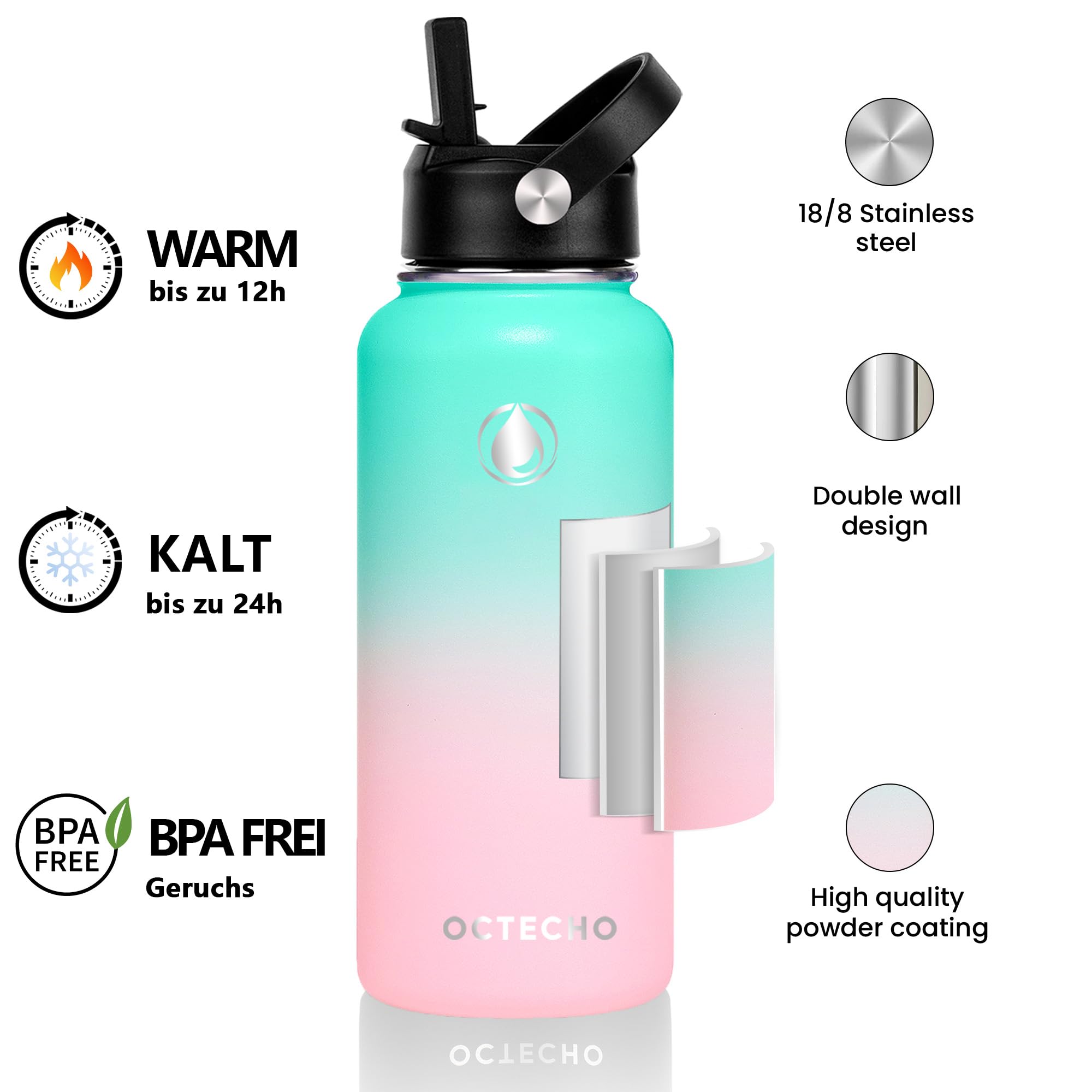 OcTecho Metal Water Bottle with Straw, 1L Stainless Steel Water Bottle 2 Leakproof Lid - Image 2