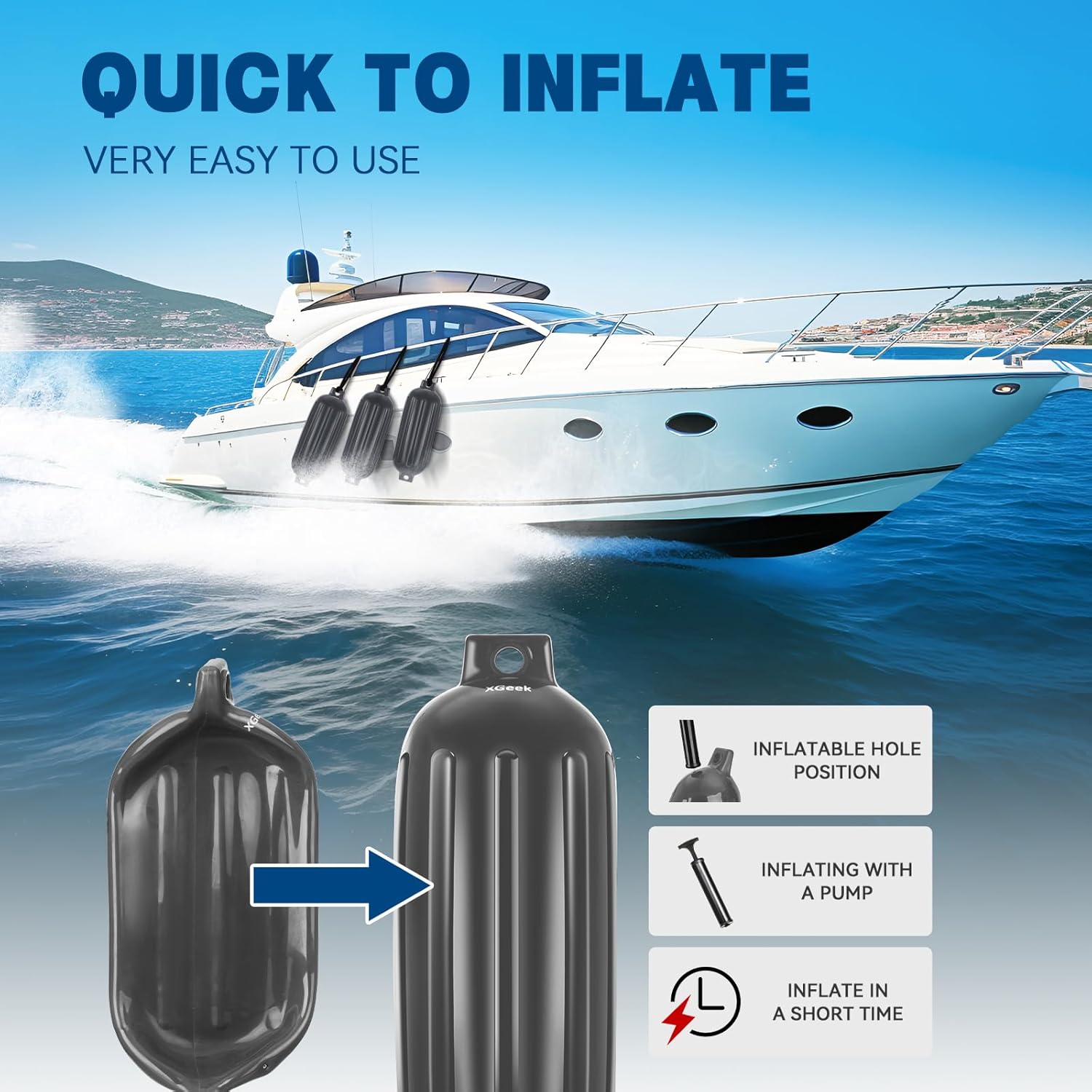 XGeek Boat Fenders 4 Pack,4.5-8.5 Inch Boat Bumpers for Boats Up to 35ft,Docking Protection with 4 Ropes,Ideal for Pontoon Boats