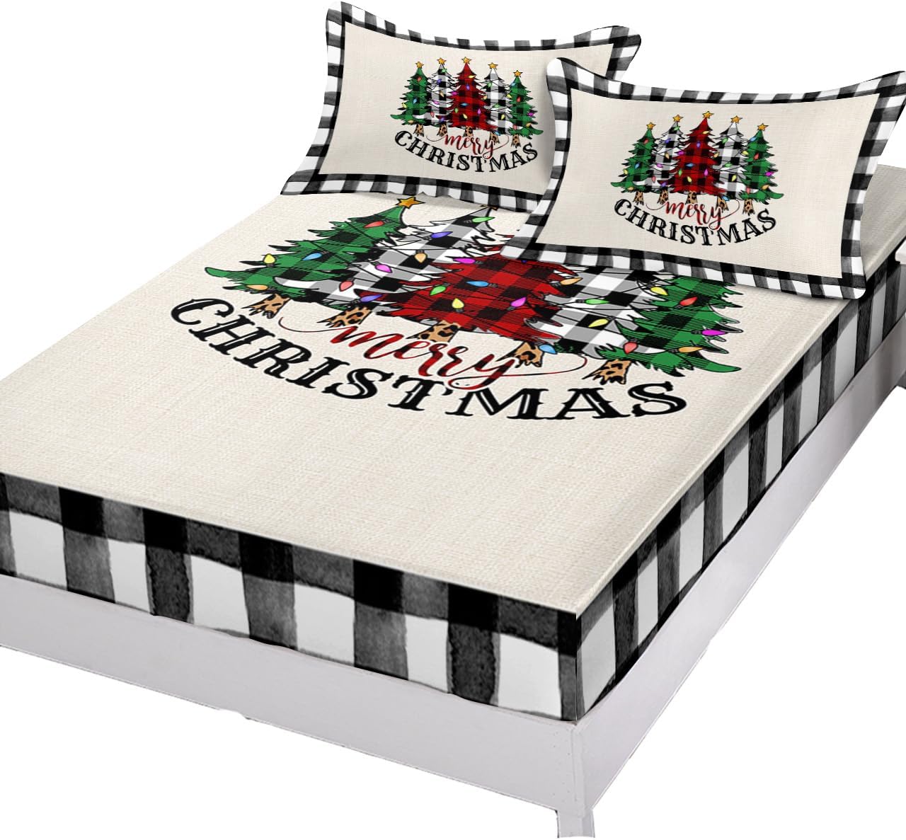 Twin Fitted Sheet with Deep Pockets,Christmas Red Green Buffalo Plaid Xmas Tree Soft
