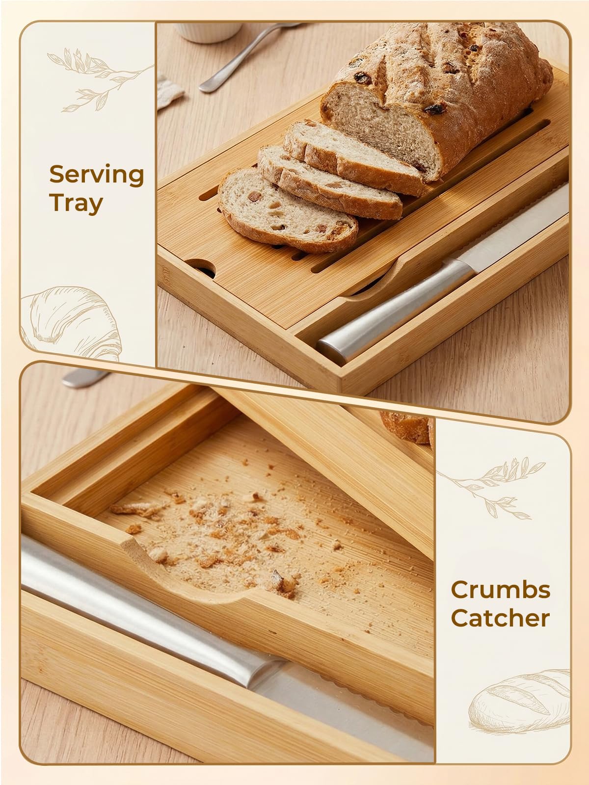 FOHERE Tabla Cortar Pan Bambú Bandeja Recogemigas, Cuchillo Pan Incluido | Bambú Ecológico, Bandeja Recogemigas Extraíble, 2-En-1 Corte/Servicio, Adecuado Para Baguette/Croissant, 38 X 24,8 X 3 cm