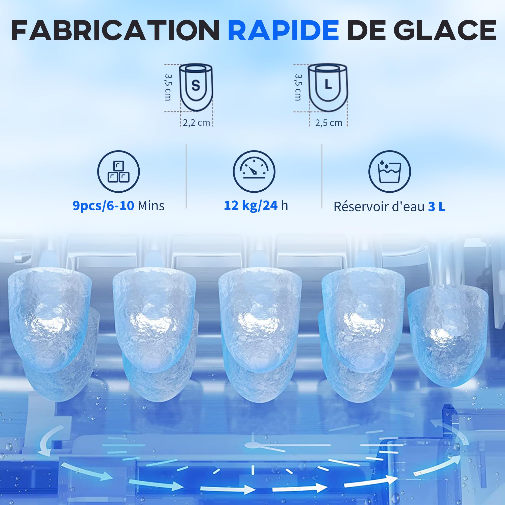 HOMCOM Machine à Glaçons avec Distributeur d'Eau, 12kg en 24h, 9 Glaçons en 6-10 Minutes, Ice Maker Portable, Taille de Glaçon Réglable, Minuterie, Réservoir d'Eau 3L, pour Maison, Cuisine, Bar, Noir