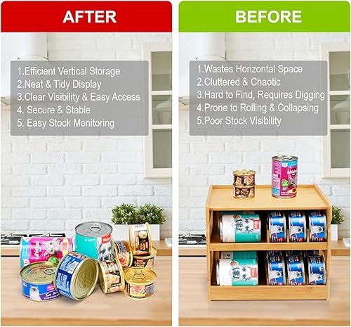 Miniatura 3 de Organizador de latas de bambú para despensa, organizador de despensa de bambú de 2 niveles para encimera de cocina, almacenamiento de alimentos para