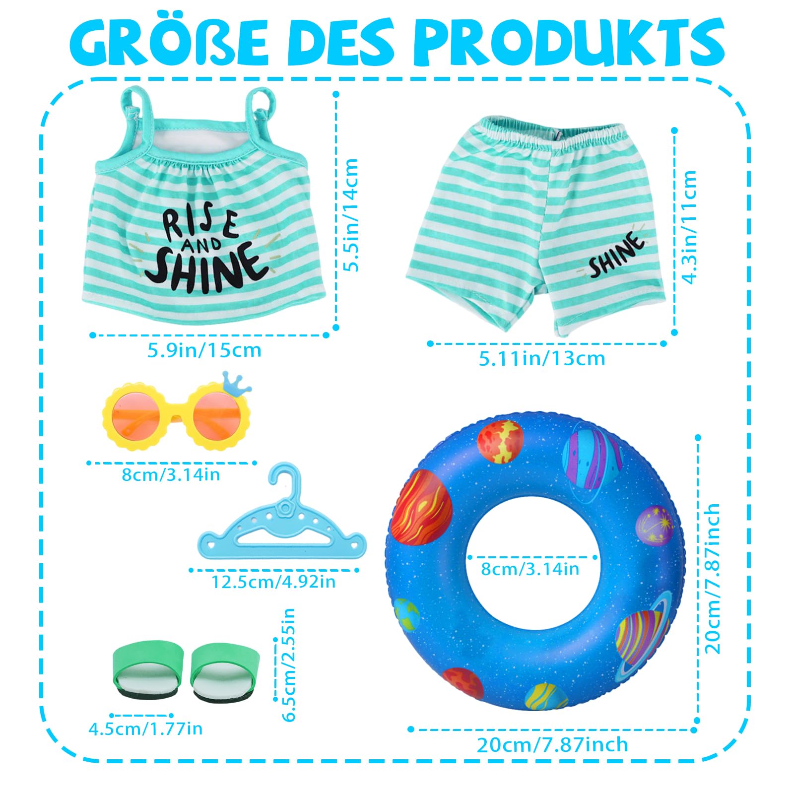 6-Teiliges Puppenkleidung 35–43 cm Sommer Set, Blau Weiß Gestreiftes Puppen Outfit mit Blauen Sandalen, Gelber Sonnenbrille, Blauem Schwimmring und Kleiderbügel