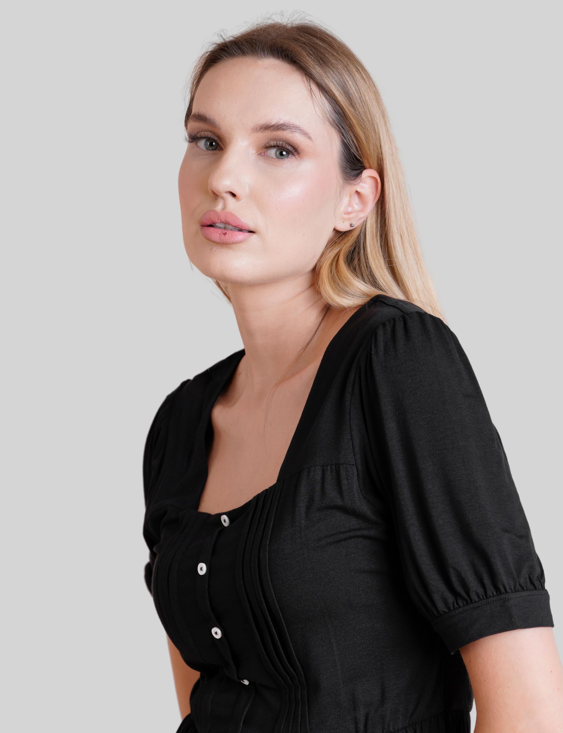 Camicetta da donna con maniche a sbuffo e scollo quadrato, vestibilità aderente, in cotone, con bottoni plissettati sul davanti, in vita arricciata, top estivo casual elegante da indossare