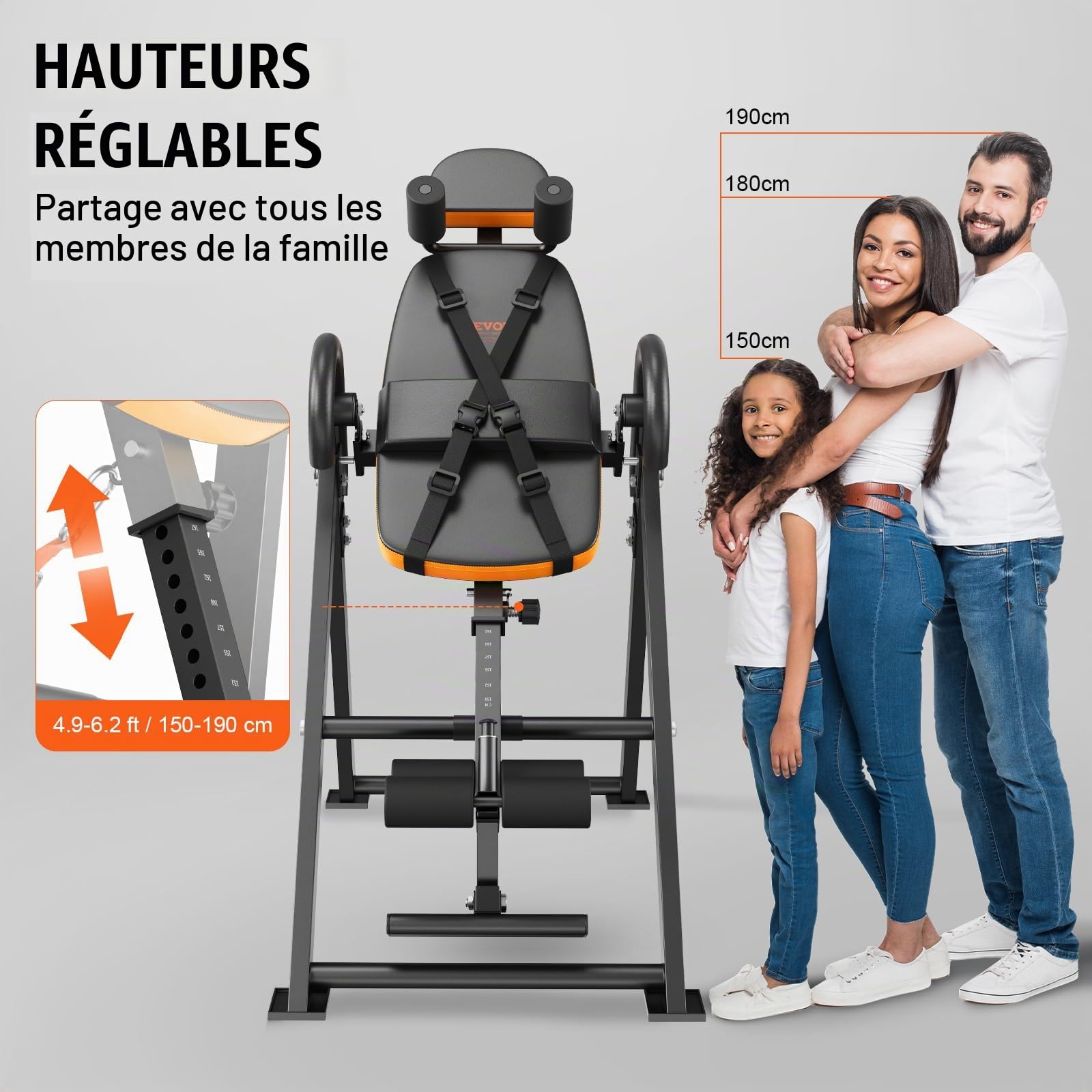 VEVOR Table d'Inversion Charge 136 kg, Banc d'Inversion avec Appui-Tête, Machine d'Étirement du Dos par Décompression, avec Verrouillage de Cheville Ceinture de Protection, Musculation, Orange/Noir