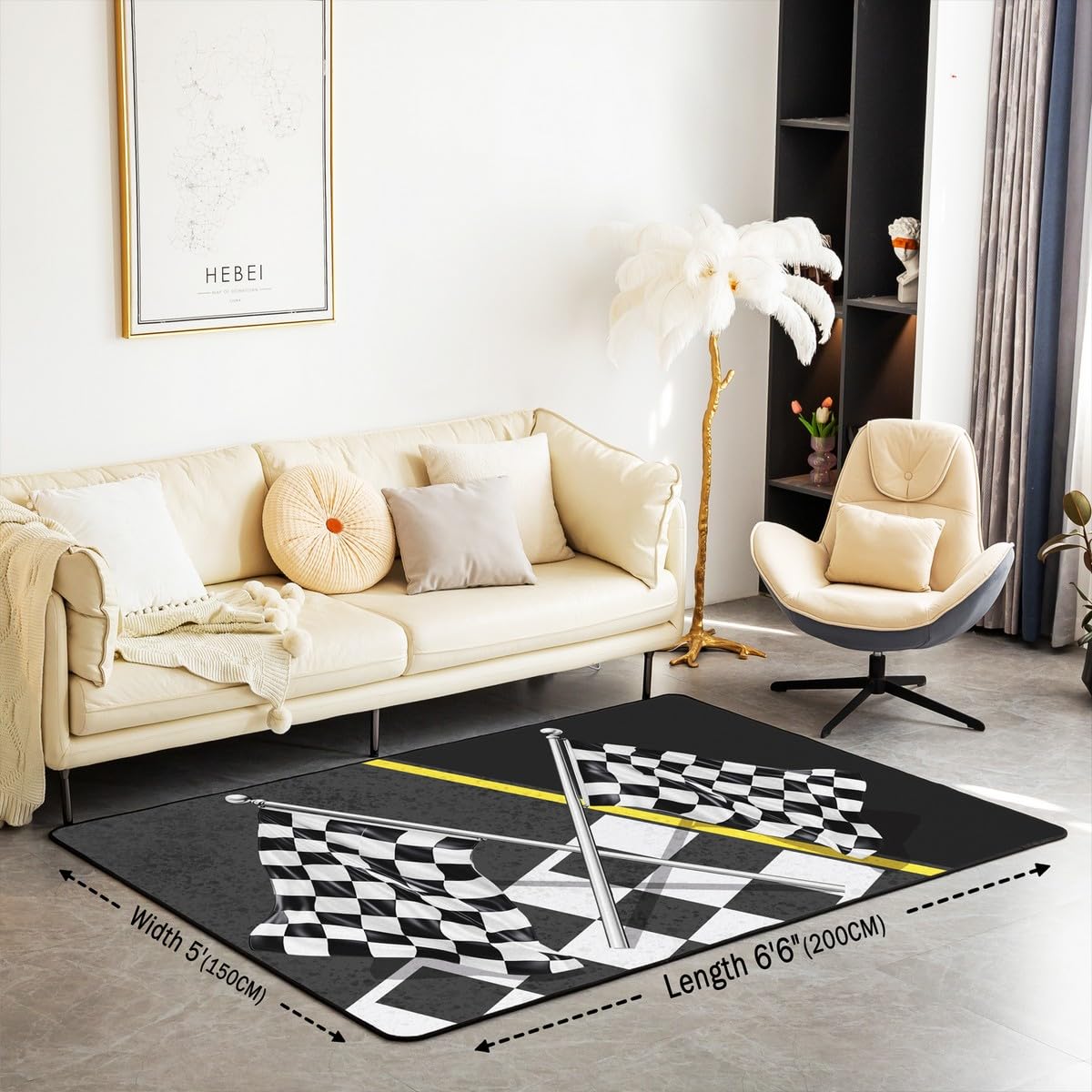 Dekorativer Teppich mit Rennwagen-Flagge, 1,2 x 1,8 m, schwarz-weiß karierte Flagge, Bodenmatte für Spielzimmer, Nachttisch, Sofa, Schlafzimmer, Rennspiel, Sport, Thema, fusselfrei, Teppich für