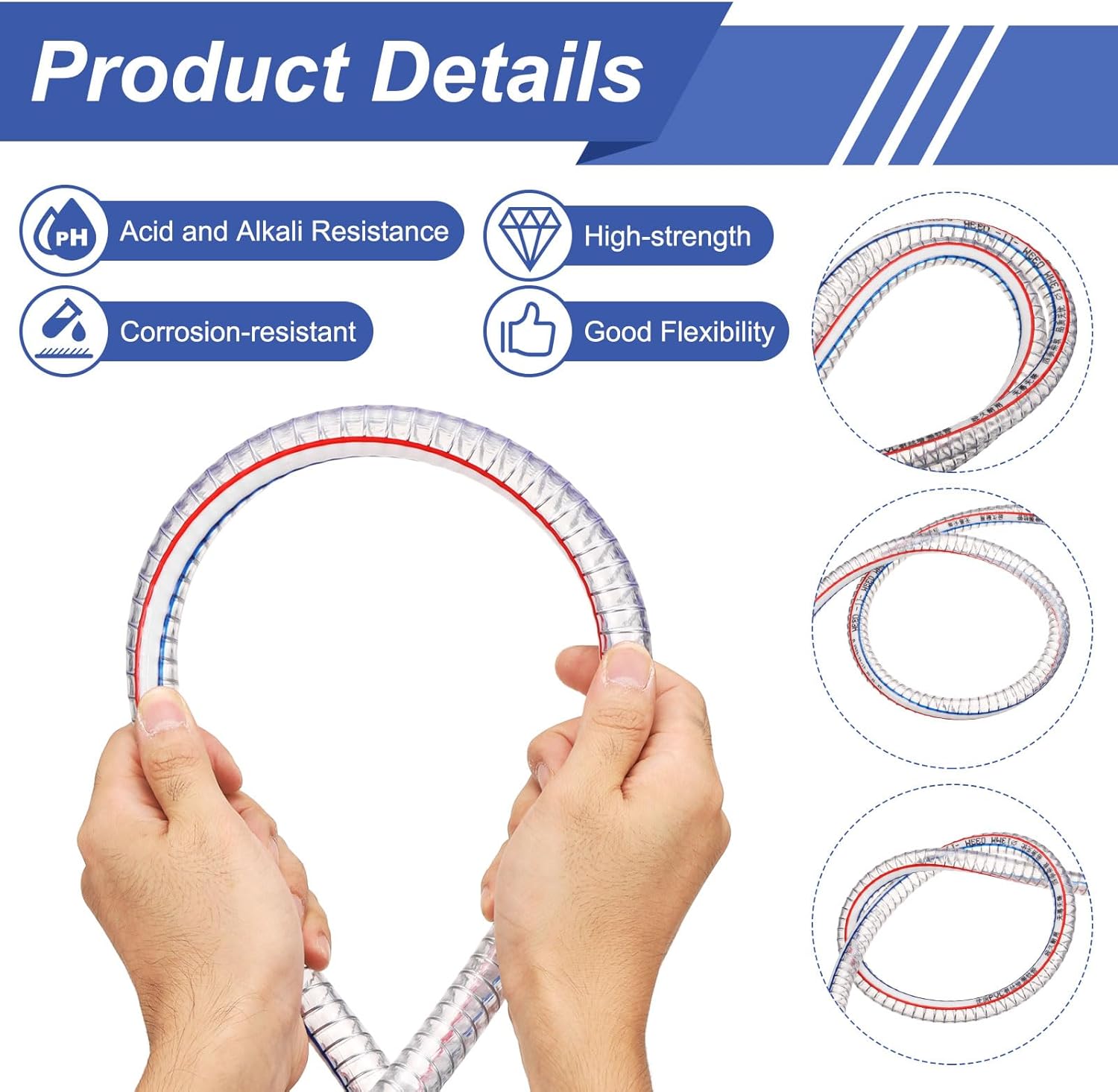 uxcell Braided PVC Tubing, 5/8" ID. x 13/16" OD. 26 ft Clear Wire Vinyl Tube High Pressure Reinforced Vinyl Hose Tubing with 2 Clamps for Transfer Water Air Oil