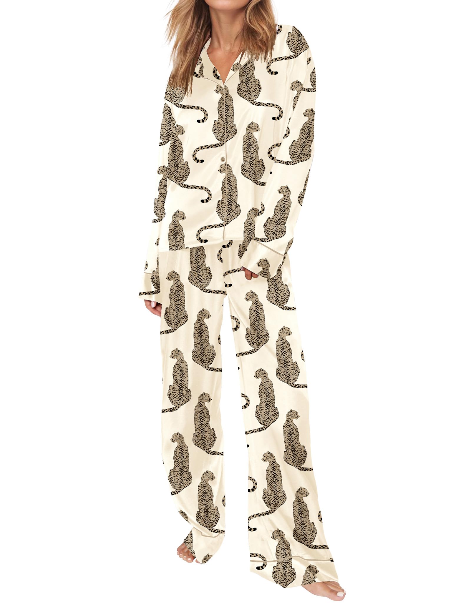 SHESHOW Satin Pajamas Set for Women Set Long Sleeve Button Down Pjs Sets 2 Piece Loungewear Animal Sleepwear XS-XXL