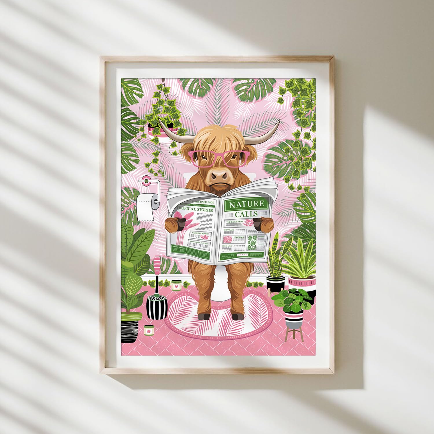 Parmaro Highland Cow on Toilet Print, A4 Unframed Art Print, Pink Botanical Tropical Bathroom Decor, Pink, Green, 29.7L x 21W cm - Image 2