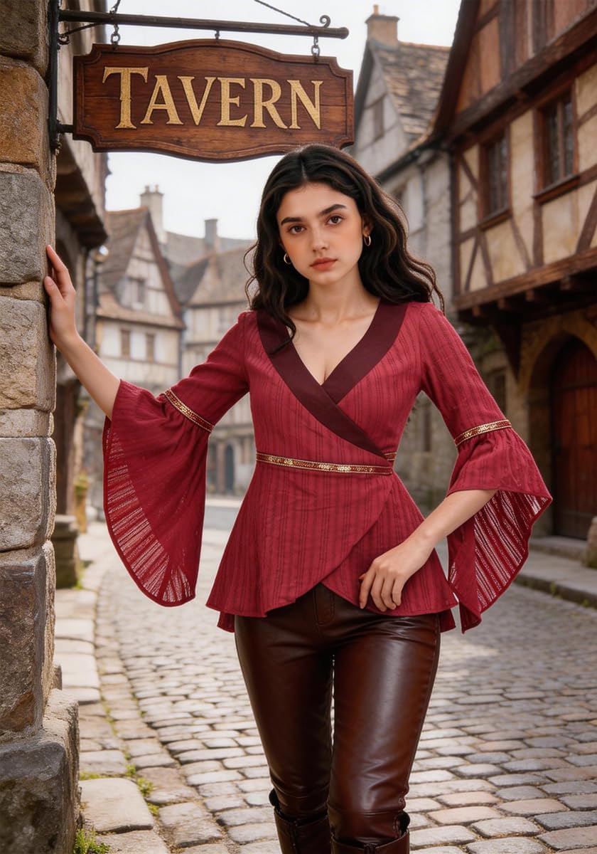 Red Renaissance Blouse Bell Sleeve Wrap Shirt Cinched Waist Tops