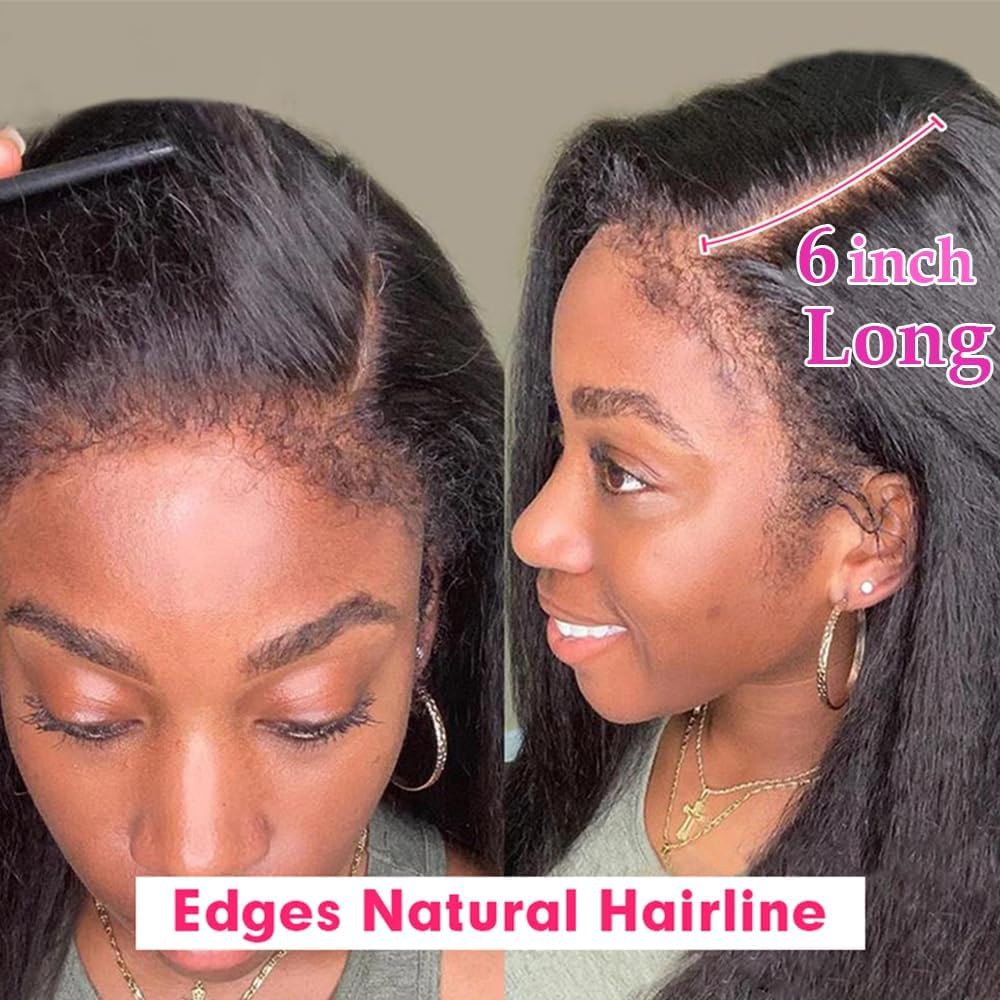 200% Density 4C Edges Kinky Straight Wig Human Hair 13x6 UHD Lace Frontal Wigs Pre-Cut Pre-Plucked 200% Density Yaki Straight Human Hair Wig Black Pre-Bleached Tiny Knots 22" Valentine's Day Wigs