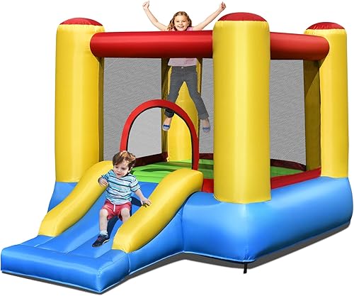 Vista 10 de OLAKIDS Castillo de salto inflable con tobogán, área de rebote, borde de baloncesto, casa hinchable interior y exterior, malla de poliéster