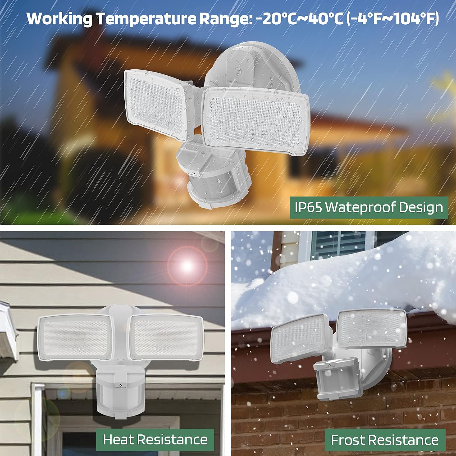 GLORIOUS-LITE Solar LED Security Lights, 2 Head Solar Motion Sensor Outdoor Light, 1000LM LED Flood Light with Solar Panel, 5500K, Easy to Install, IP65 Waterproof for Backyard, Porch