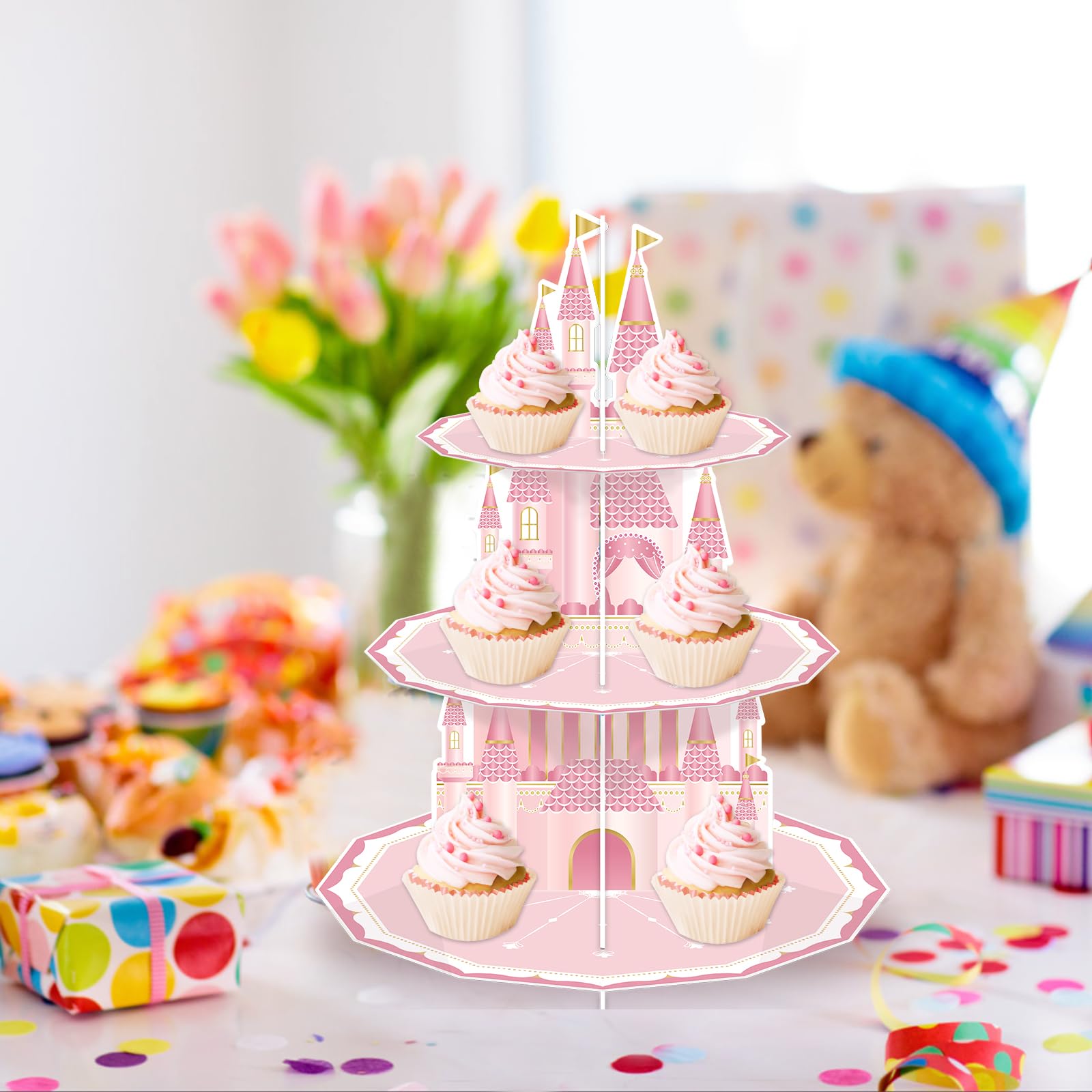 KALEFO Princess Party Supplies - Soporte para cupcakes de 3 niveles, decoración de cumpleaños, castillo rosa, decoración de mesa (princesa)