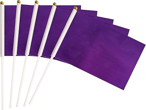 Banderas de palo morado, paquete de 50 banderas pequeñas de mano en palo, decoración de exteriores de 5 x 8 pulgadas, decoraciones de fiesta,