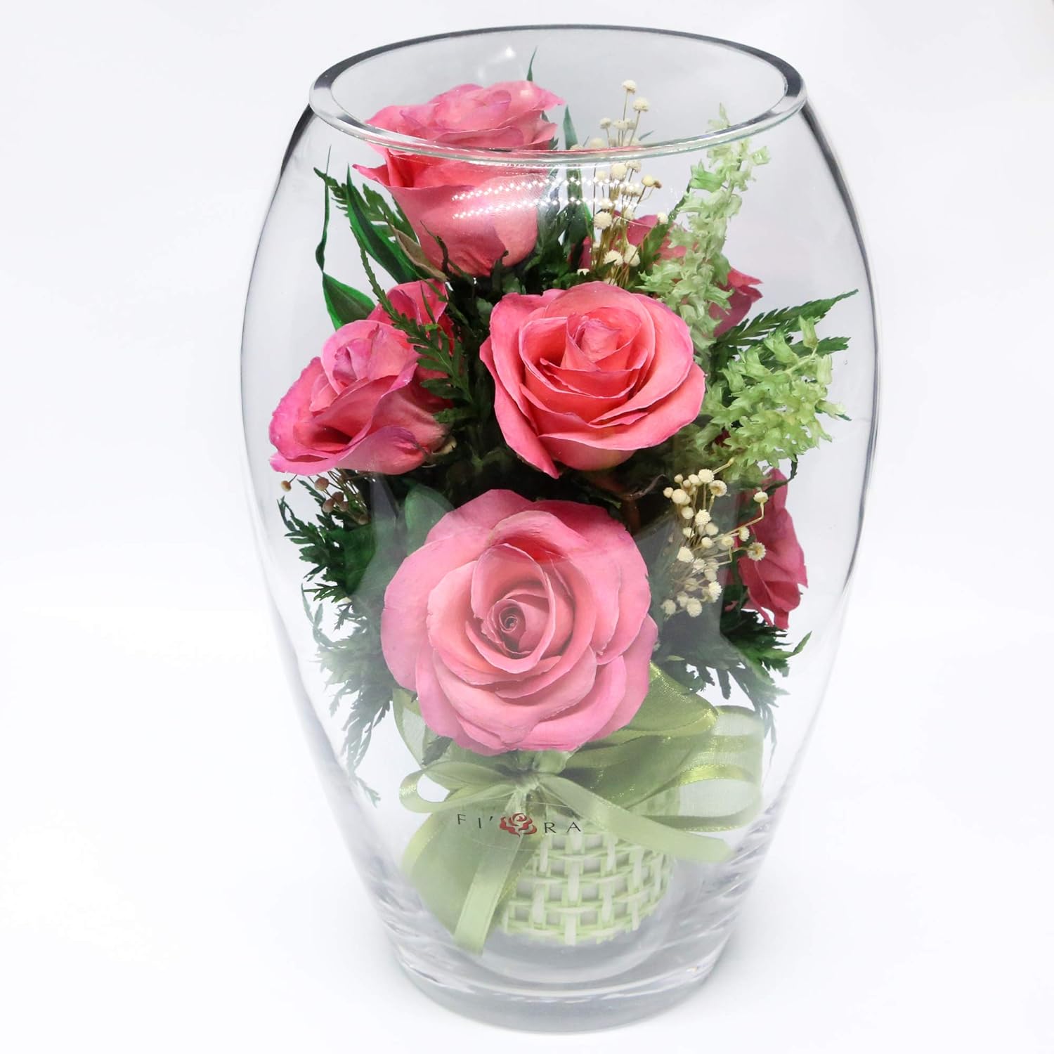 Long Lasting Roses in Sealed Glass Vase Fresh Cut Roses Unique Present Gift (Elliptical Vase)