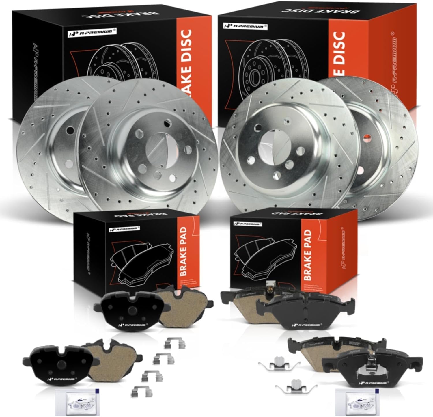 A-Premium Front and Rear Drilled and Slotted Disc Brake Rotors + Ceramic Pads Kit Compatible with Select BMW Models - F10 Series 528i 2011-2016, 528i xDrive 2012-2016, 12-PC Set