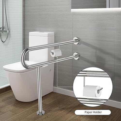 Miniatura 4 de ZUEXT - Barra de apoyo para inodoro con patas de 31.5 x 28 pulgadas, barra de soporte de inodoro moleteada cromada con soporte para papel higiénico,