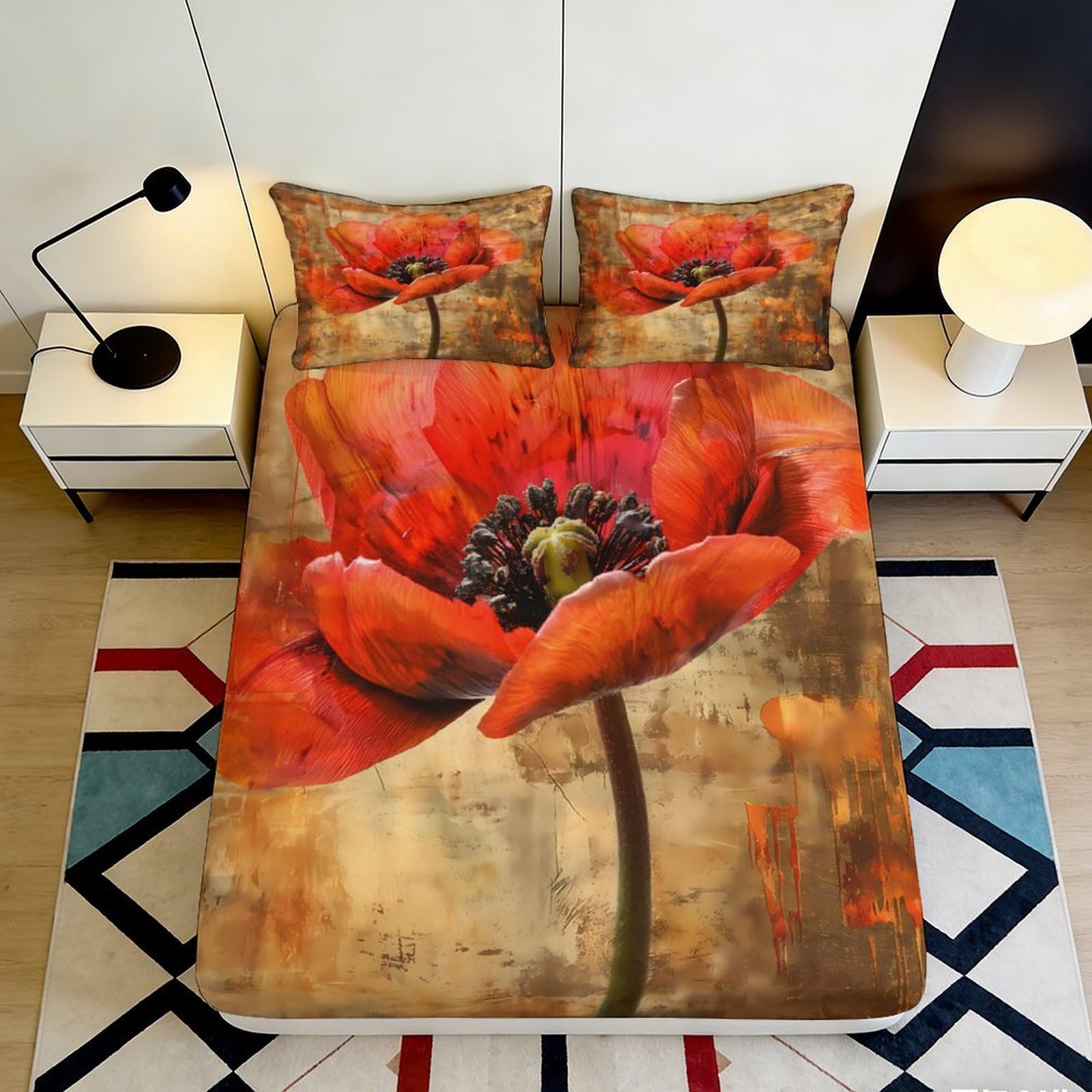 Jqzkxnhpbr Style-10 3D Printed Red Poppy Fitted Sheet Microfiber Soft Breathable Artistic Flower Bed Cover For Bedroom Decor Protection 90X200x25cm