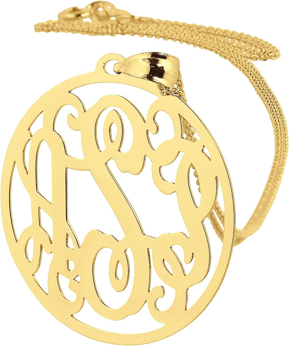 3 Initials Circle Monogram Solid 10K Gold Pendant 1 inch Diameter Personalized Fine Jewelry
