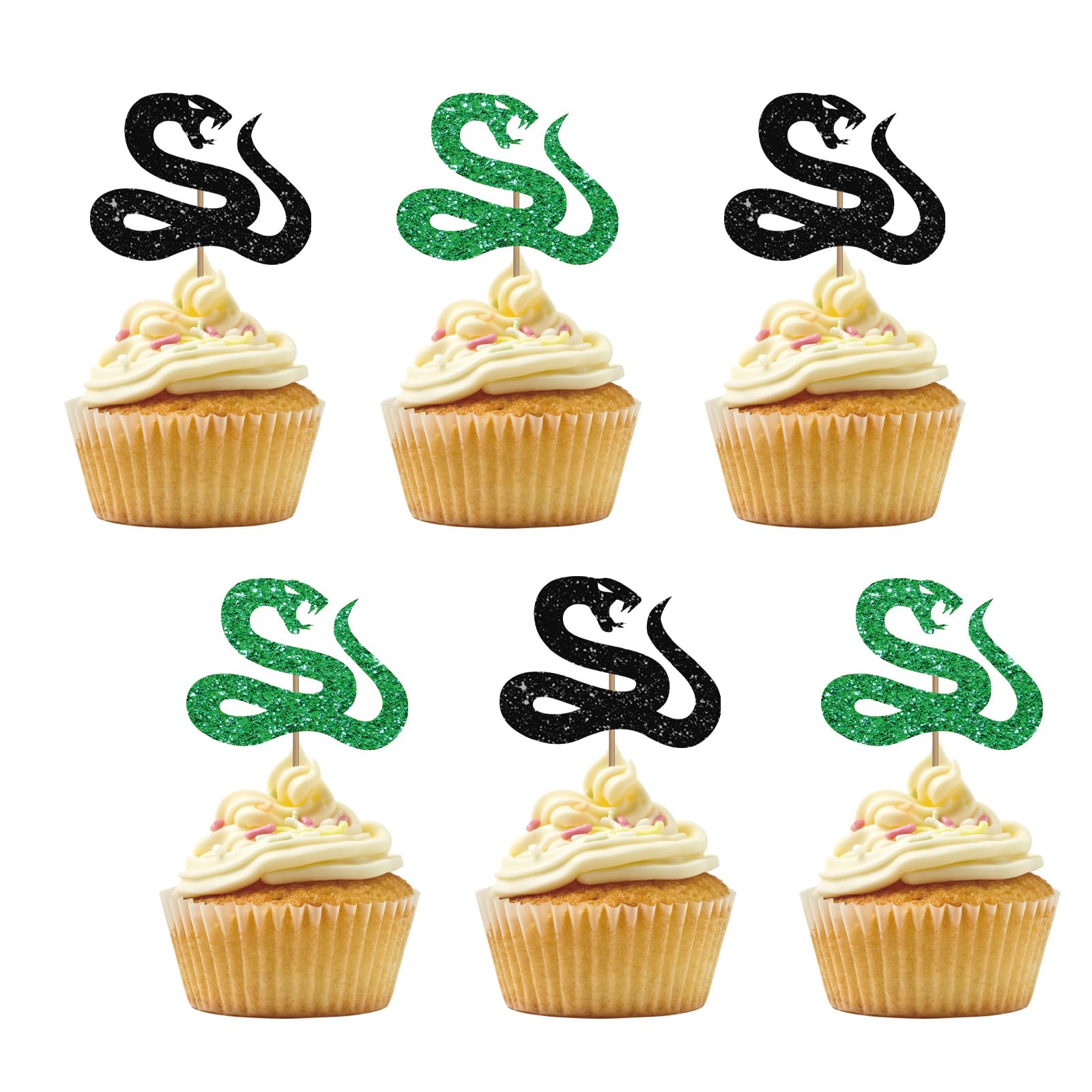 Set of 24 Snake Cupcake Toppers for Reptile Pet Theme Party, Black & Green Glitter Snake Sign Cupcake Toppers, Cake Decorations for 1st Birthday/Animal Theme Party Supplies