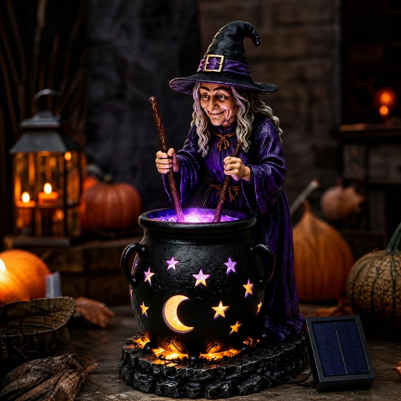 Halloween Witch Cauldron Solar Light Outdoor Garden Statue