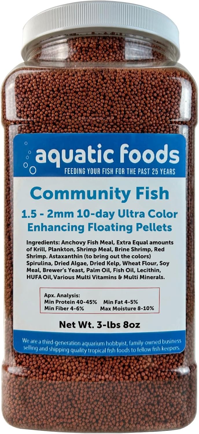 Aquatic Foods Inc. Community Fish Ultra Red Color Enhancing 1.5mm-2mm Floating Pellets. Color Enhancing in 10-Days for All Community Fish…3-lbs 8oz Large Jar