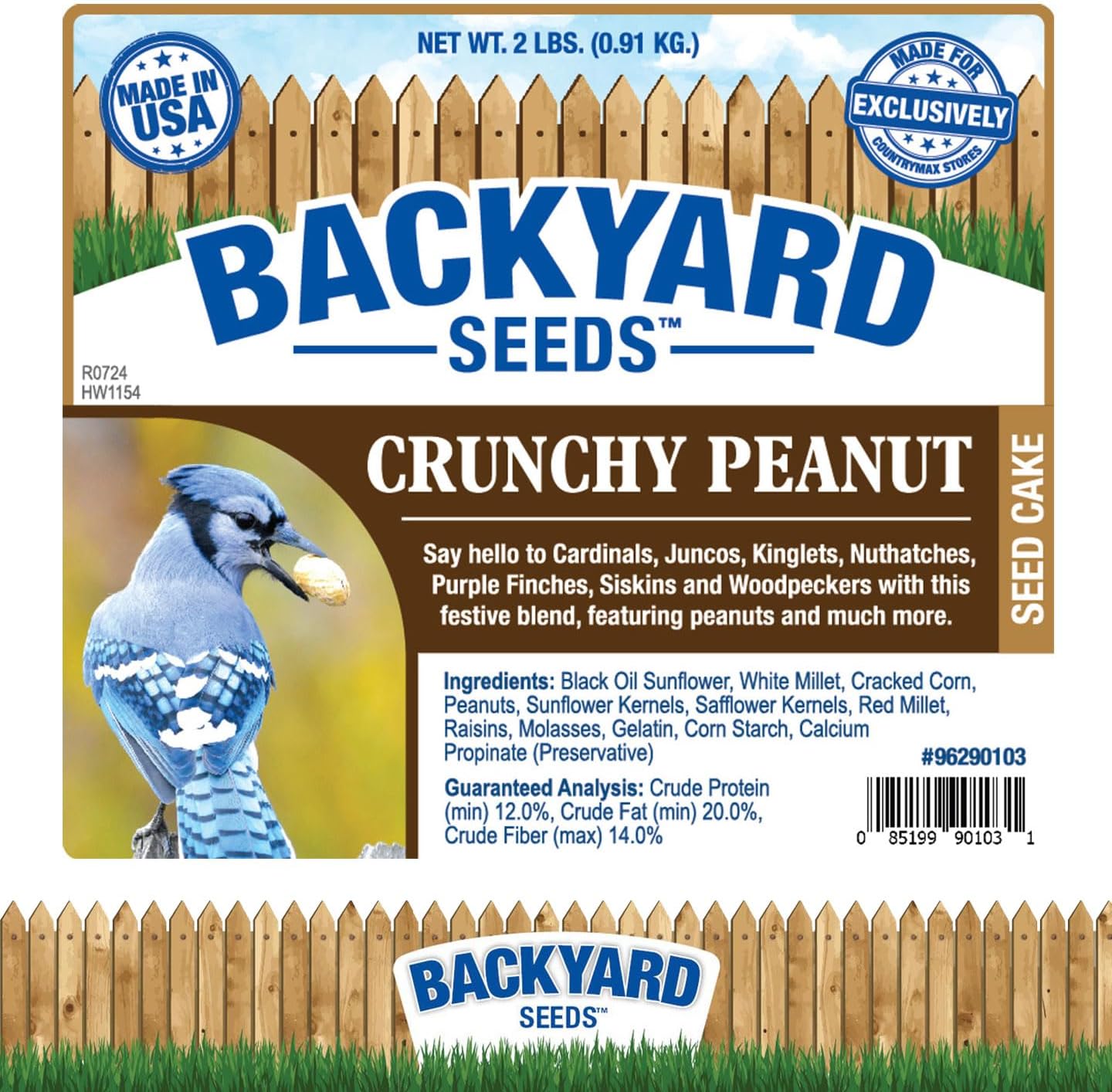 Backyard Seeds Crunchy Peanut Wild Bird Outdoor Seed Cake - Attracts Cardinals, Juncos, Kinglets, Woodpeckers - 2 Pounds (6 Pack)