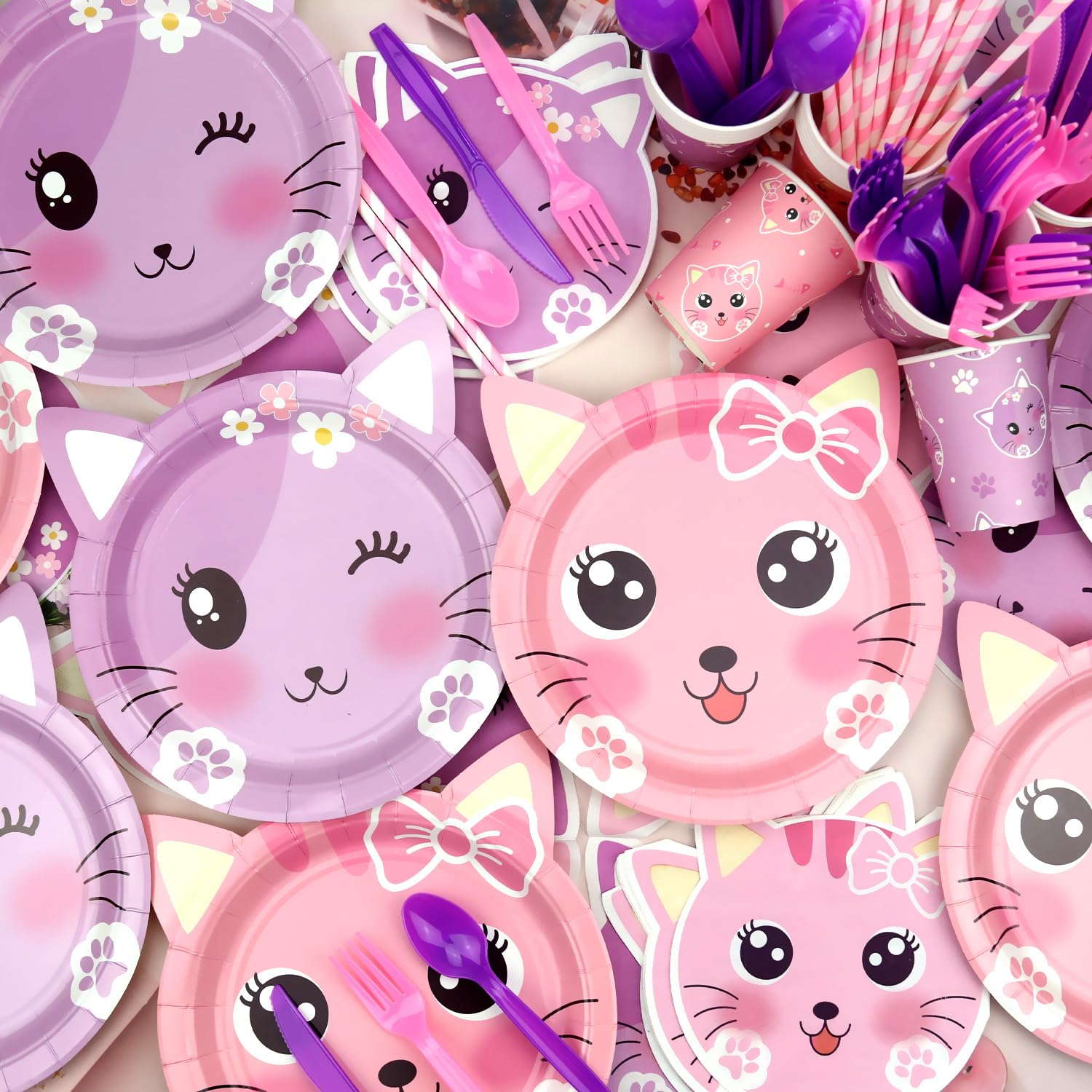 Kit Fête Thème Chat - 210 Pièces - Pour 20 Personnes - Anniversaire, image size:1500x1500