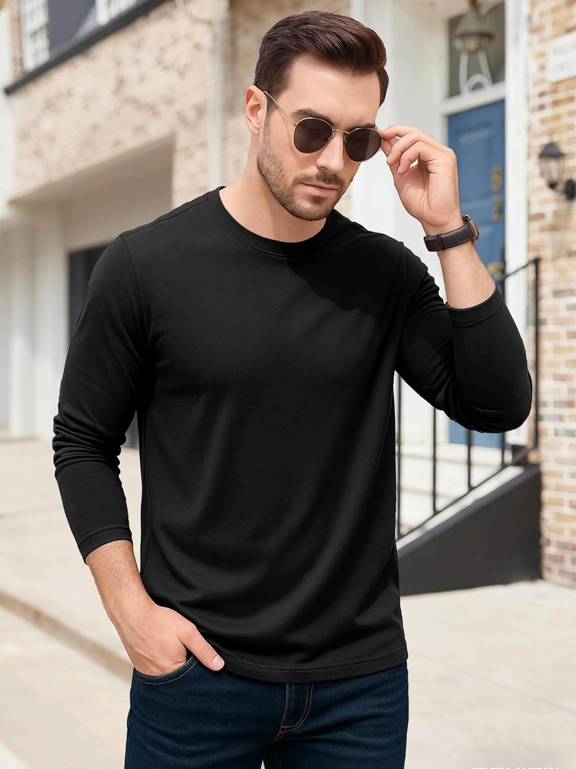 KINGFEN Men's Crewneck T-Shirt Long Sleeve Cotton Casual Pullover Basic Tee Shirts - Image 3