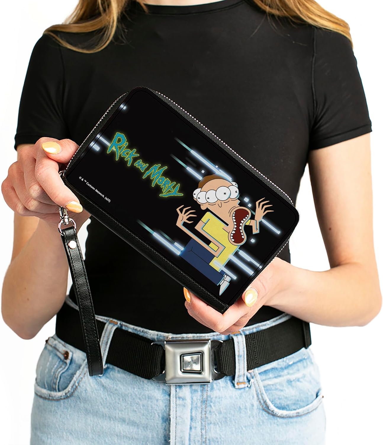 Buckle-Down Rick and Morty Wallet, Zip Around, Morty Full Body Glitch Pose and Title Logo Black, Vegan Leather