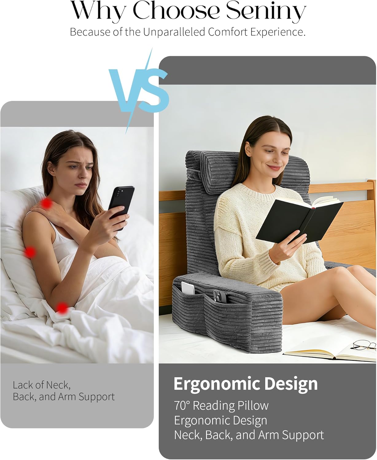 Seniny Reading Pillow for Bed Adult - 22" Back Support Pillow for Sitting Up Rest, Husband Bed Chair and Backrest Pillow with Arms, Lounge Sit Up Pillows for Dorm, Corner, Couch, Study, Watching TV