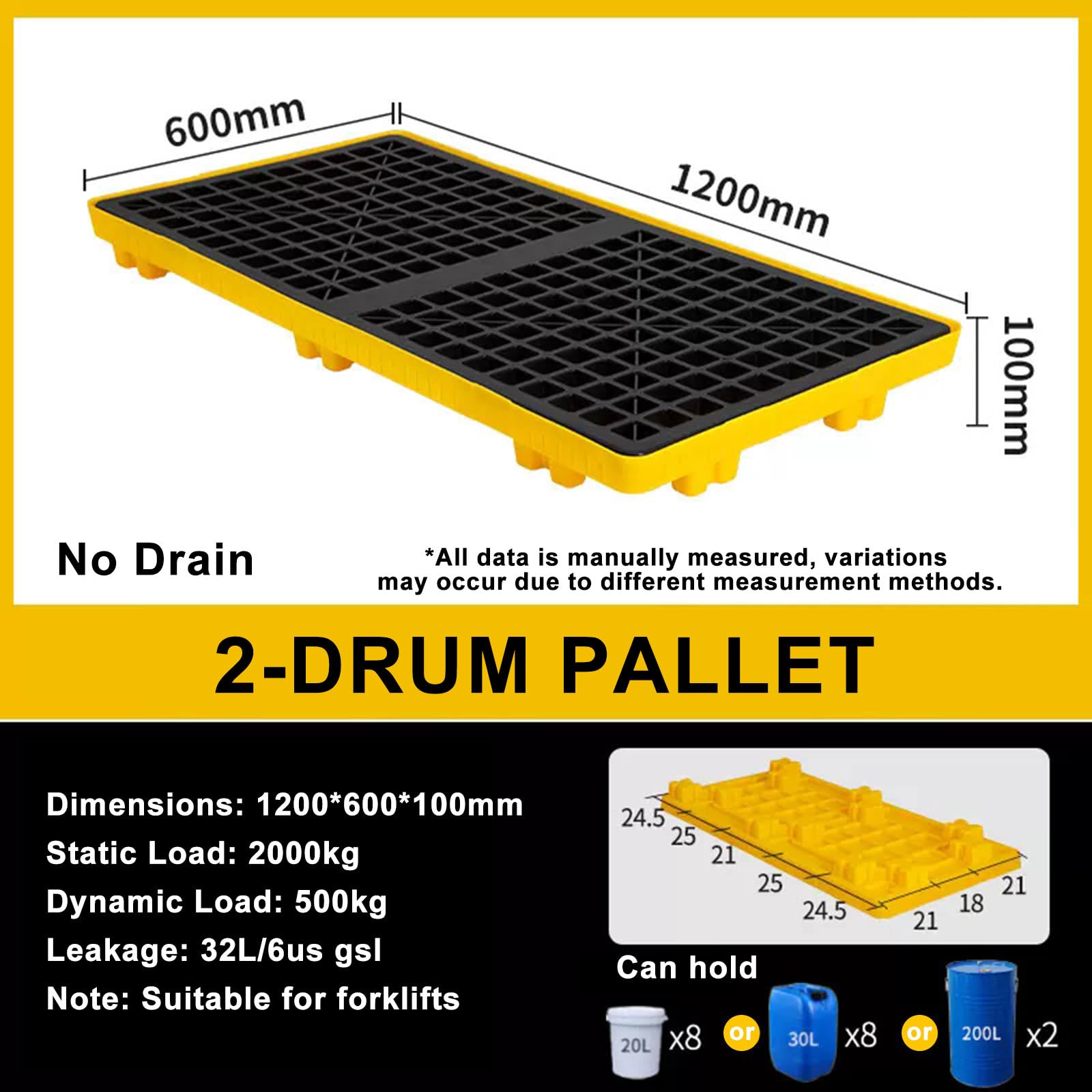Genérico Bandeja Modular de paletización de Alta Resistencia con desagüe y Sistema antiderrame - Plataforma a Prueba de derrames para Garaje, Cocina, sótano y Exteriores (120x60x10cm) - Solución de a