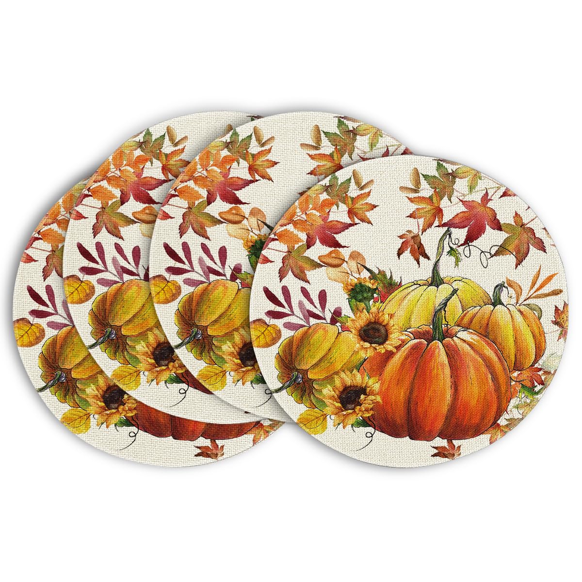 Artoid Mode Pumpkin Maple Leaves Sunflower Round Table Wedge Placemats Set of 4, Seasonal Fall Kitchen Dining Table Decoration for Indoor Party Home